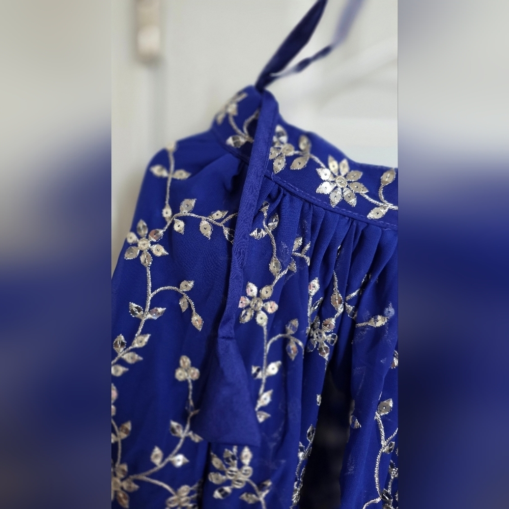 Blue Sequence With Silver Embroidery Work Georgette Lehenga Choli - Picture 7 of 13